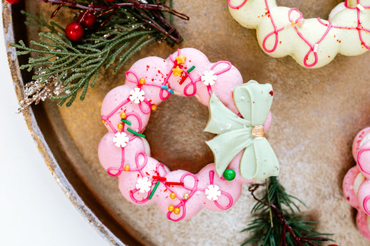 Macaron wreath filled with a French buttercream and raspberry compote.(12)